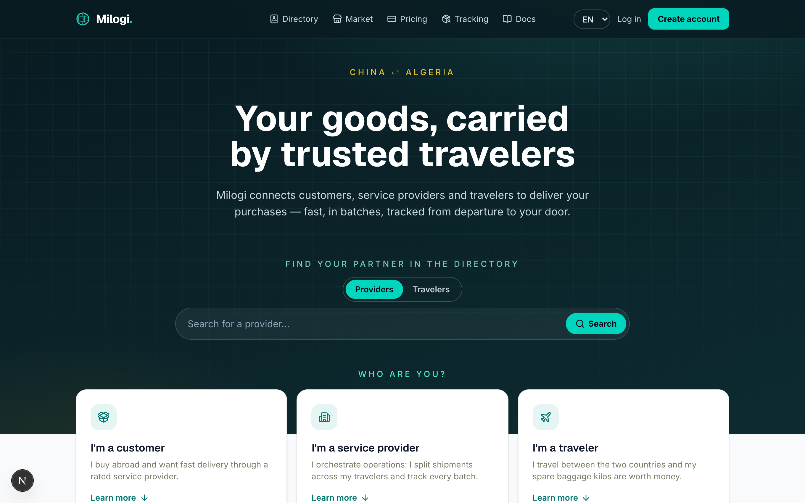The Milogi landing page