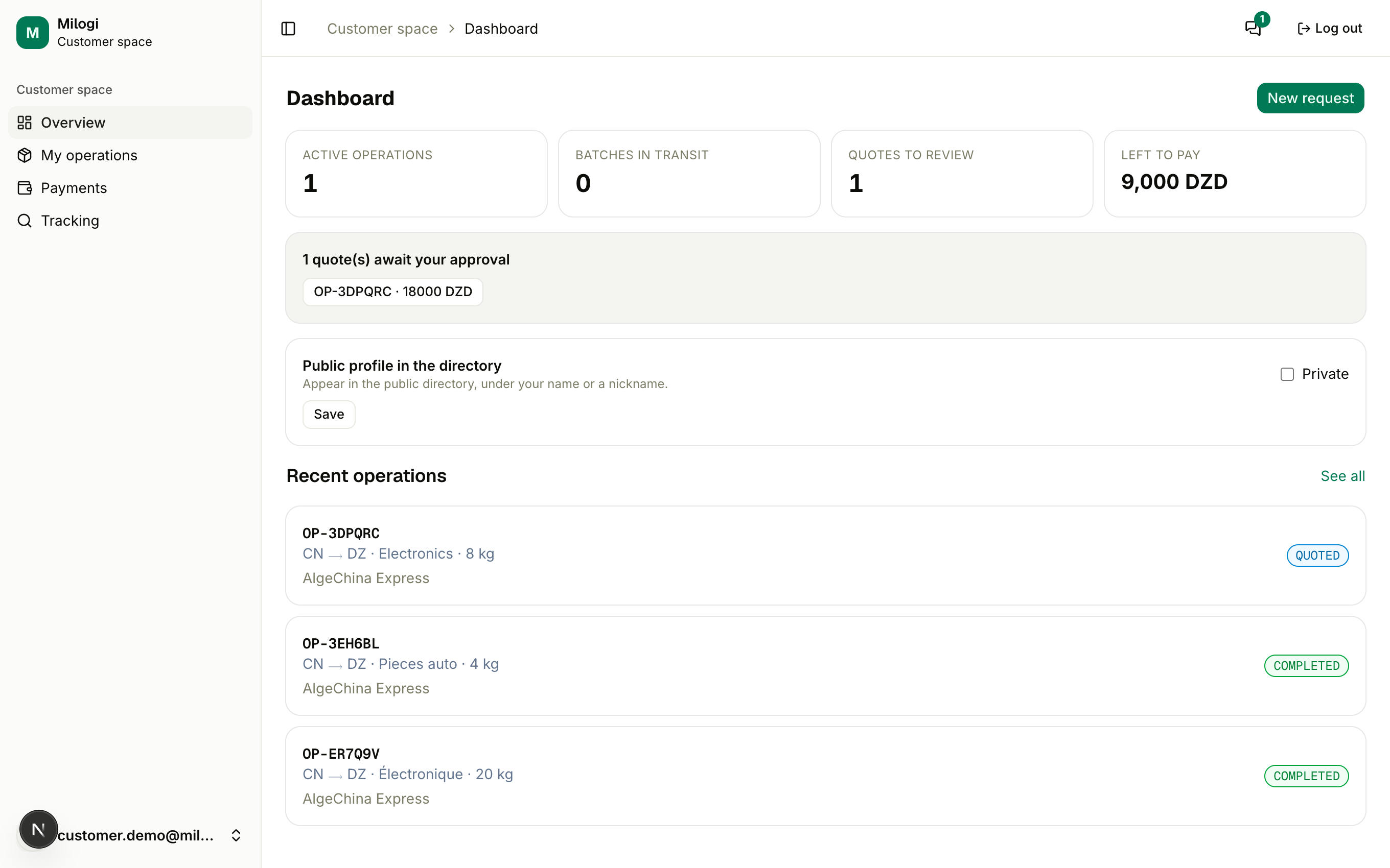 Customer dashboard