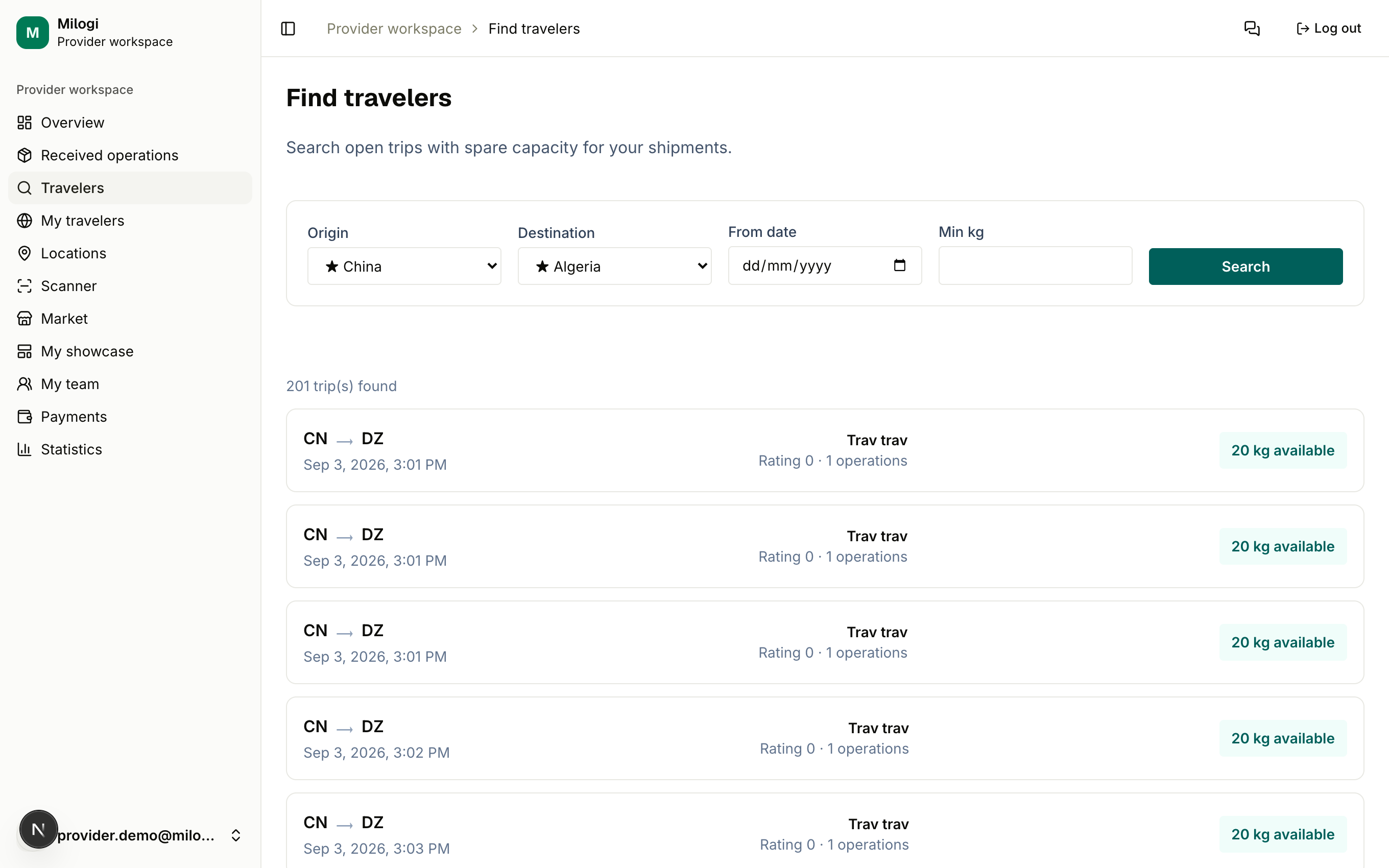 Trip search results