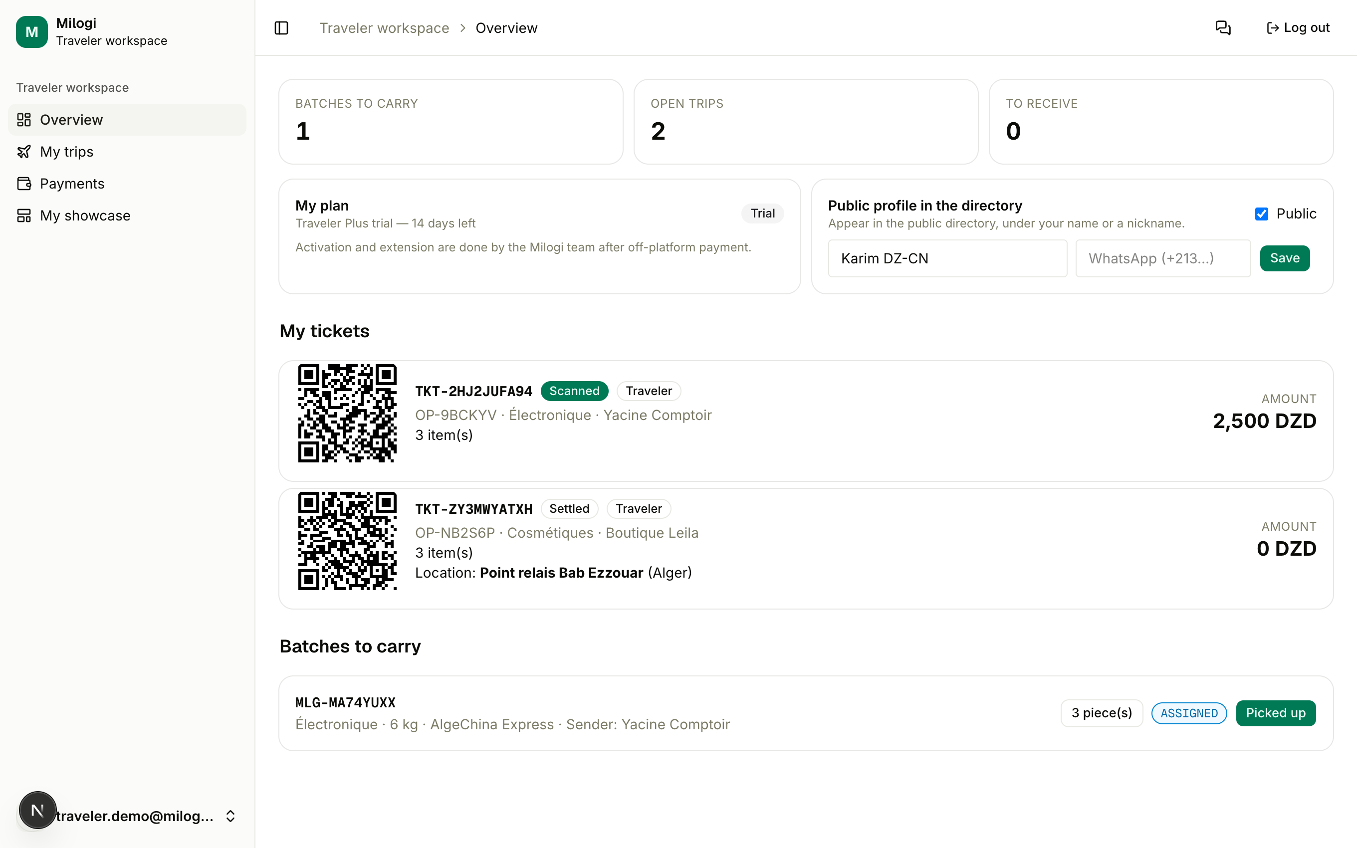 Traveler dashboard