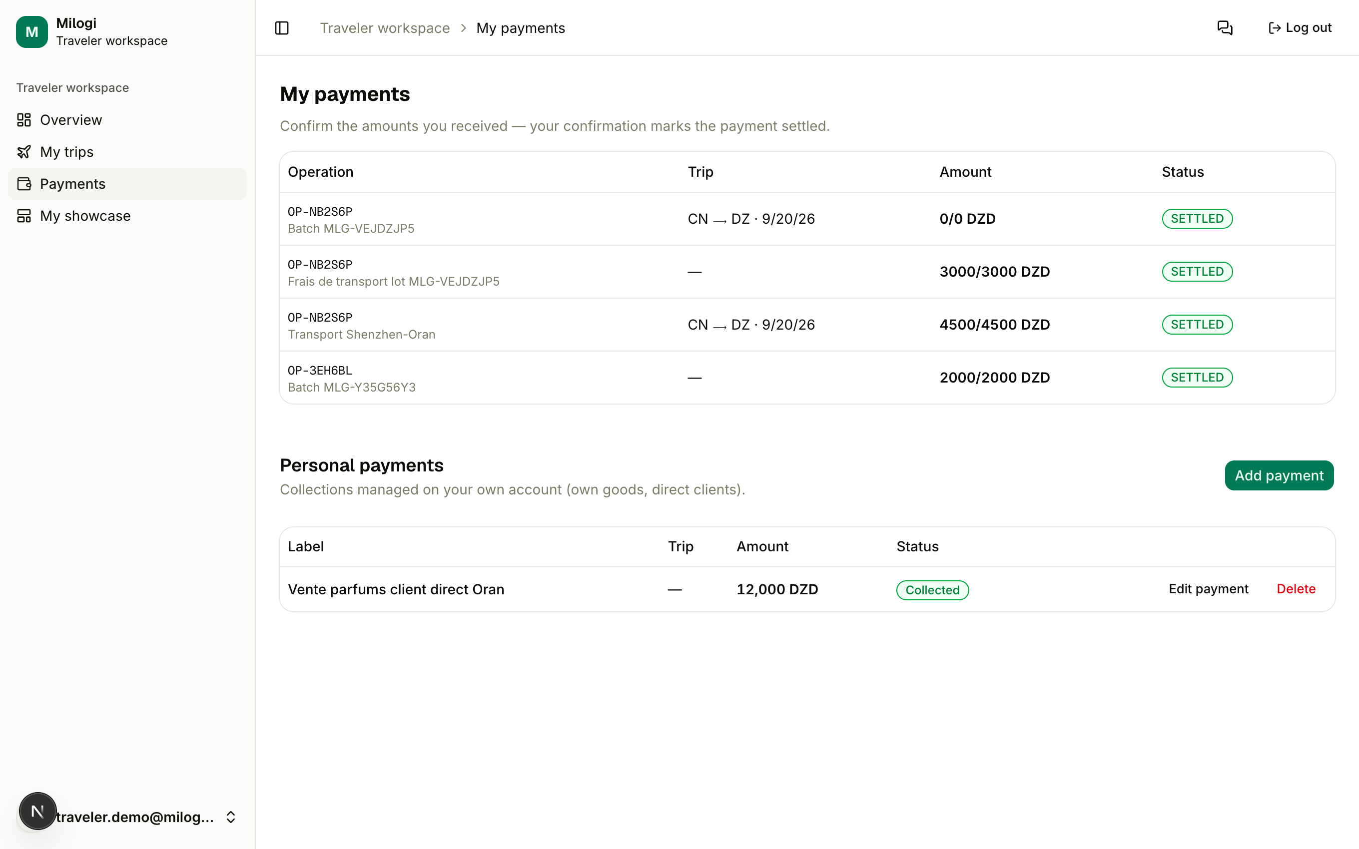 Traveler payments